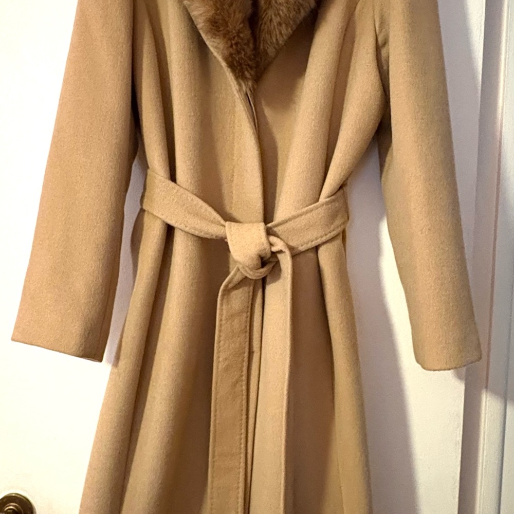 Talbots Wool Blend Tan Coat with Removable Faux Fur Collar Sz  14/16